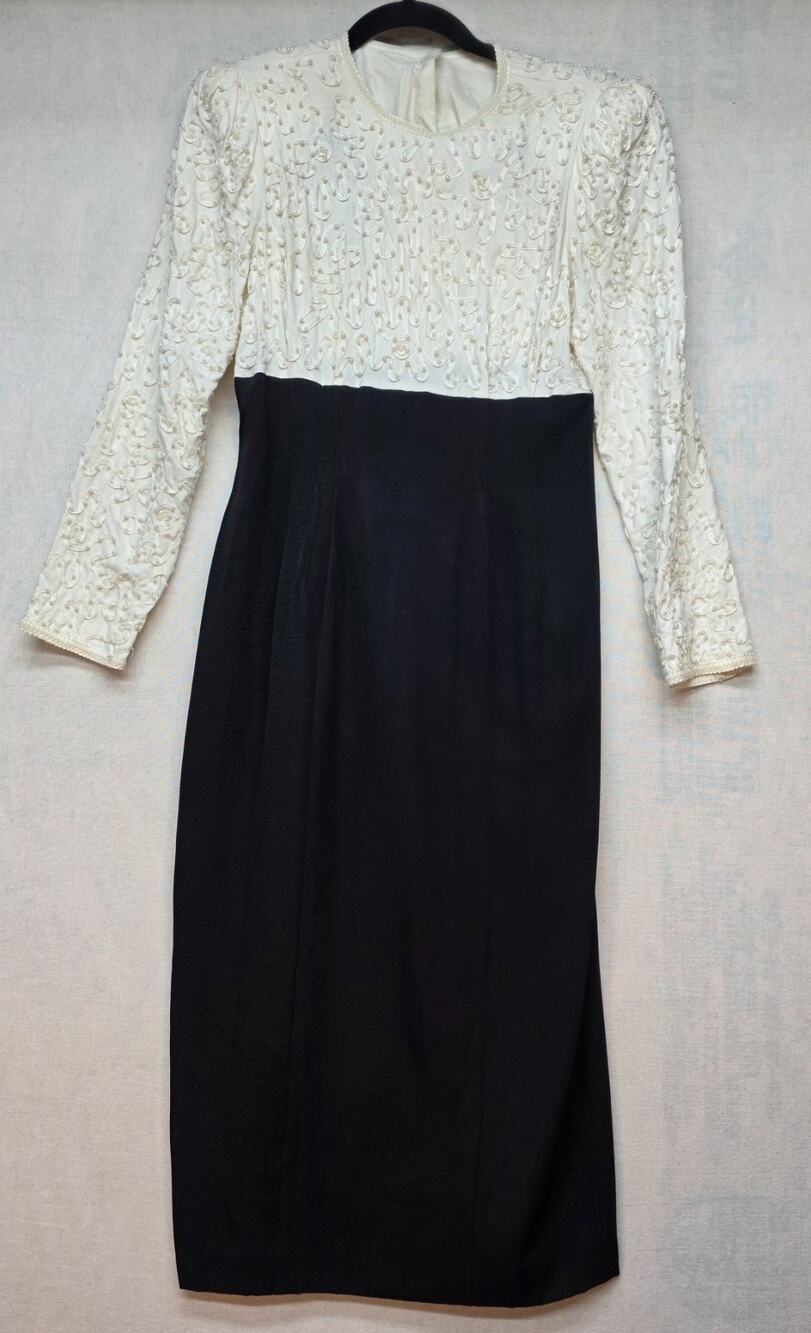 Vintage Sarah Elizabeth 80s Beaded Colorblock Coctail Dress White Black Sz 4